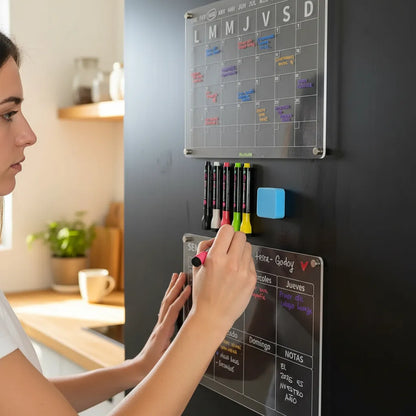 Pack x2 Unid. Calendario Acrílico Magnético Mes & Semana Español + 5 Lápices tiza líquida tipo A