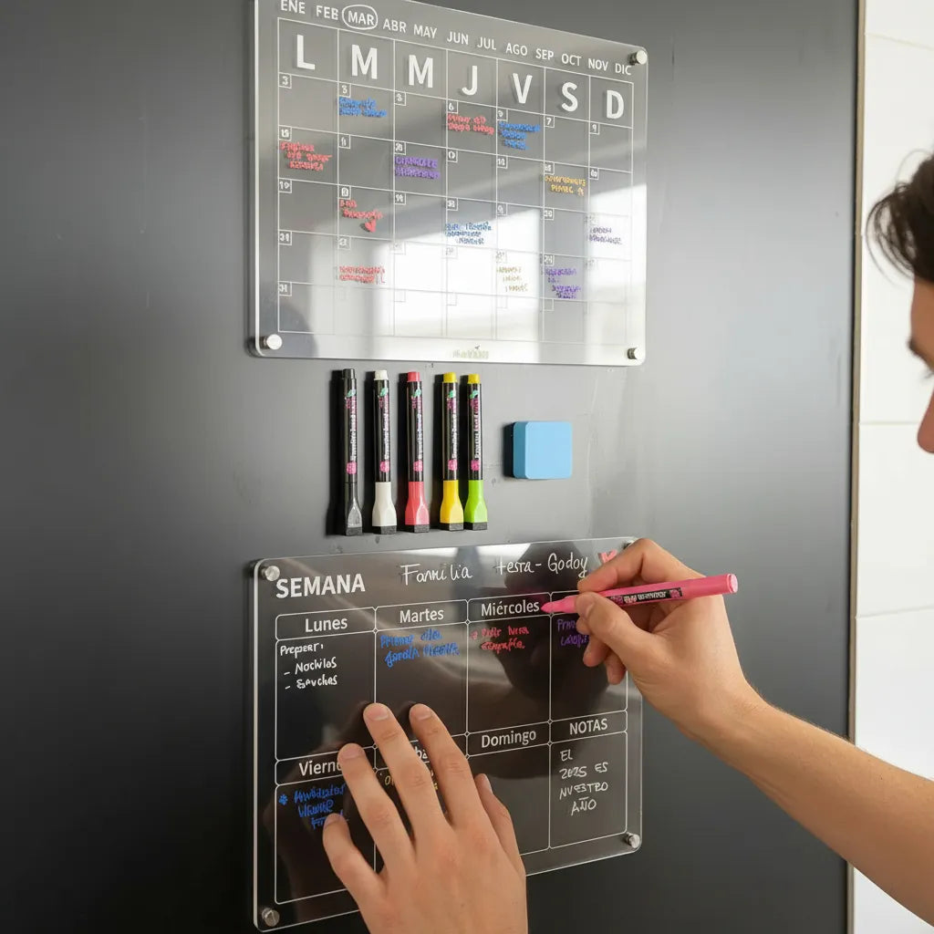 Pack x2 Unid. Calendario Acrílico Magnético Mes & Semana Español + 5 Lápices tiza líquida tipo A